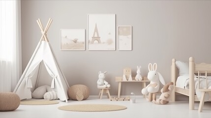 Fototapeta na wymiar Newborn baby room. Stylish Scandinavian newborn baby room with brown wooden mock up poster frame, toys, plush animal and child accessories. Decor concept. Kids concept. Interior concept. Design concep