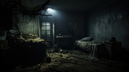 A scary old broken down room with a strange entity inside - obrazy, fototapety, plakaty