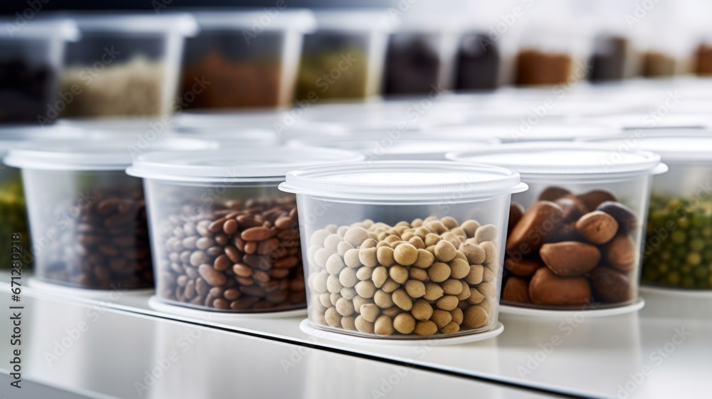 Poster a row of containers with different types of food and sizes, ai