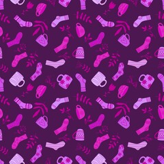 Winter warm socks and cup of tea seamless Christmas pattern for wrapping paper and fabrics and linens
