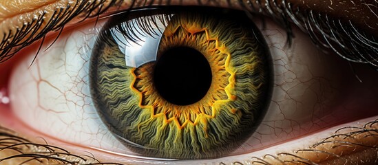 A photograph of the iris of the human eye captured in a detailed up close and magnified manner using macro photography techniques