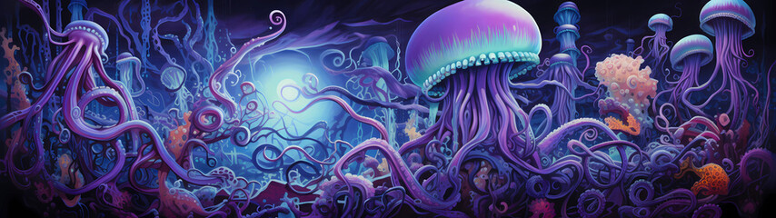 Ultra-wide abstract dimension, a surreal and mesmerizing realm unfolds, populated by octopus-like creatures, their sinuous appendages gracefully navigating through the otherworldly currents