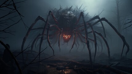 Arachnophobia, creepy, horror, giant spider, dark, volumetric lighting, epic details, hyper detail, 8k