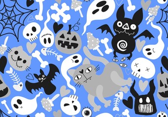 Halloween cat and pumpkins seamless ghost and skulls and poison pattern for wrapping paper and fabrics