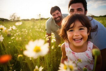 close up girl and his family happy in a grassy field