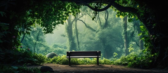 A picturesque woodland scene captured through photography featuring a vacant wooden bench nestled amidst a dirt trail winding its way among lush green foliage
