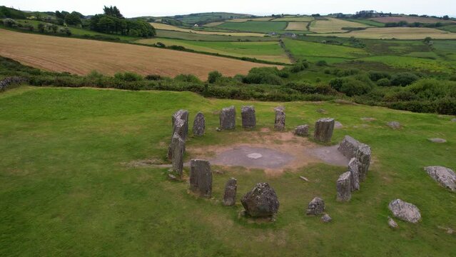 CORK- 8.27.2023 -Excellent aerial footage circling towards the Dromberg Stone Circle in Cork, Ireland.