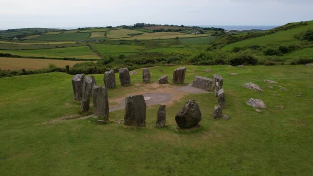 CORK- 8.27.2023 -Excellent aerial footage moving over the Dromberg Stone Circle in Cork, Ireland.