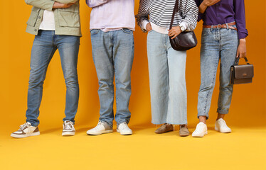 People waiting in line on yellow background