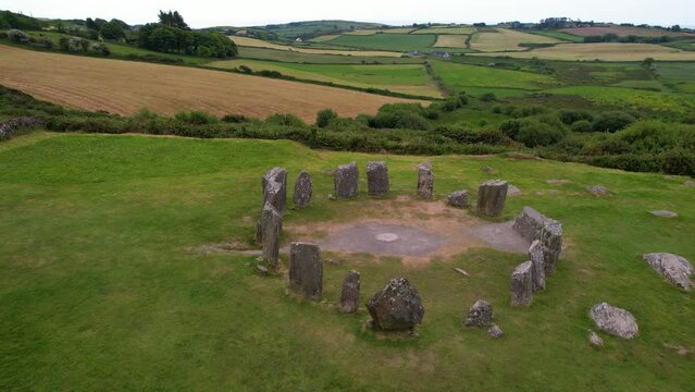 CORK- 8.27.2023 -Excellent aerial footage circling to the left around the Dromberg Stone Circle in Cork, Ireland.