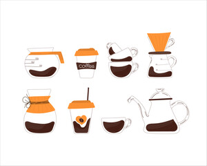 Coffee set on isolated background. Coffee lettering. Flat style. Cute coffee cups, chemex, paper cups, coffee pot. Warm shades of brown. For prints, labels, logos.