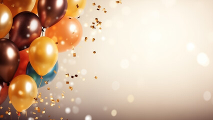 Colorful balloons and confetti on a blurred background with bokeh lights and copy space