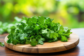 A bunch of fresh, vibrant green parsley on a thin wooden plate with a slightly blurred background