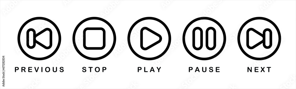 Poster media music player interface icon set in line style, multimedia navigation symbol buttons. video pla