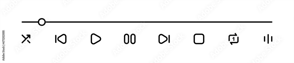 Poster media music player interface icon set in line style, multimedia navigation symbol buttons. video pla
