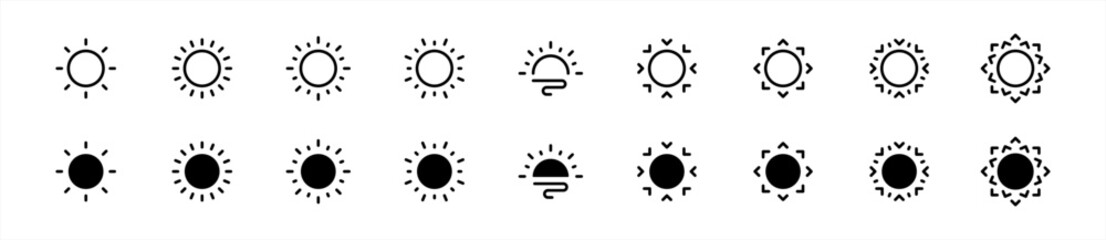 Sun icon set in line style, sunshine in flat style, solar glow, sunrise, sunset, sunlight, energy, Brightness simple black symbol sign for apps, UI, and website, vector illustration - obrazy, fototapety, plakaty