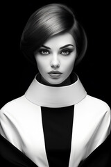 An elegant woman model posing for a fashion shoot, in the style of black and white contrast