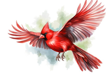 Watercolor bird illustration: A flying cardinal bird