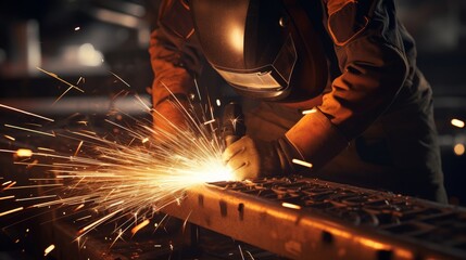 Close-up shots of arc welding with sparks, transitioning into a sleek digital interface