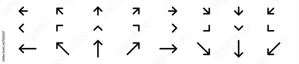 Poster arrow icon set in line style, control button, navigation arrow simple black symbol sign for apps, ui