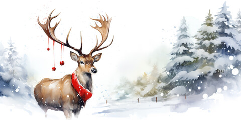 Watercolor christmas illustration: deer with santa hat in snow landscape