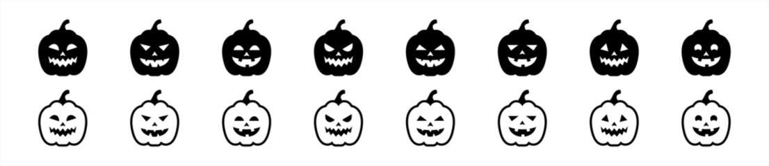 Halloween scary pumpkins cut icon set in flat style, Spooky creepy pumpkins cut, Scary Halloween pumpkin simple black symbol sign for apps, UI, and website, vector illustration