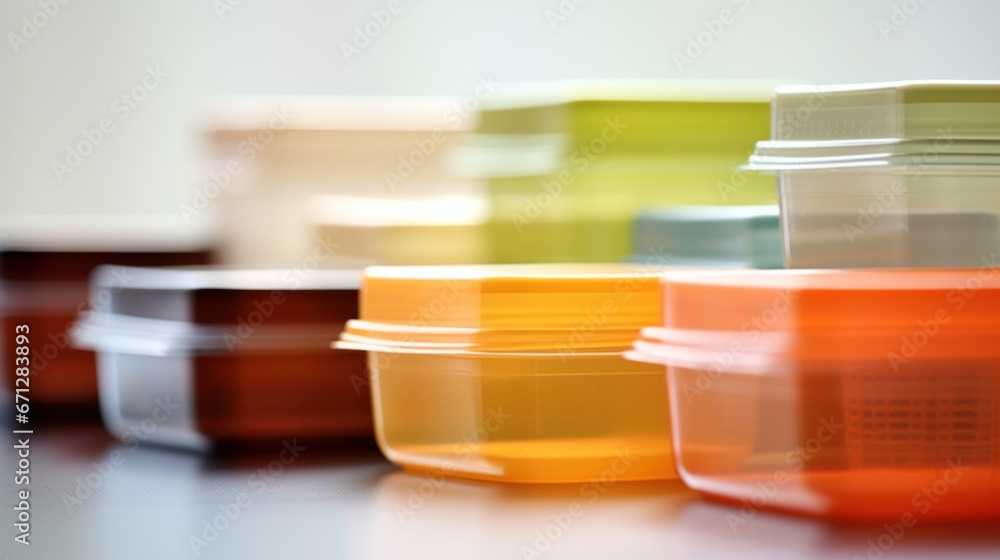 Poster a row of containers with lids on a table, ai