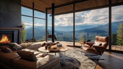 Large living room window in a mountain house that overlooks the mountain range