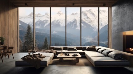 Large living room window in a mountain house that overlooks the mountain range