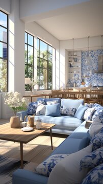 Creatively deigned living space with blue UHD wallpaper