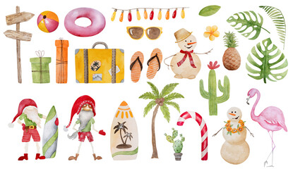 Caribbean merry christmas watercolor painting with xmas decoration, beach dwarfs and palm tree. Tropical new year postcard with snowman and flamingo