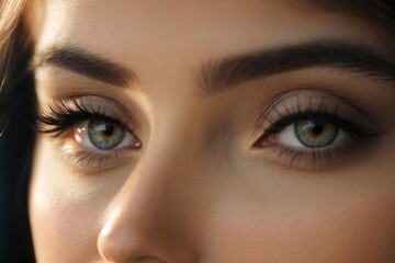 Close-up of stunning green female eyes with perfect trendy eyebrows with contact lenses, fashion eyebrow makeup concept.