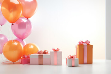 Birthday card with pink and orange balloons and gifts on