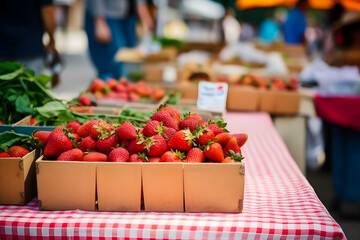 Fototapeta na wymiar Harvest strawberries. Packing strawberries in boxes for sale. Neural network AI generated art