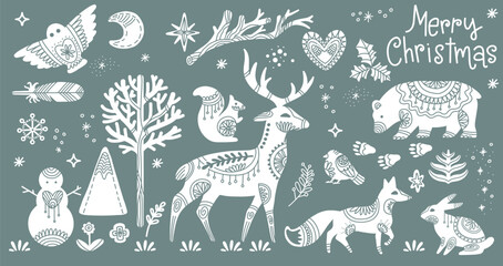 Christmas isolated woodland animals silhouettes vector set - obrazy, fototapety, plakaty