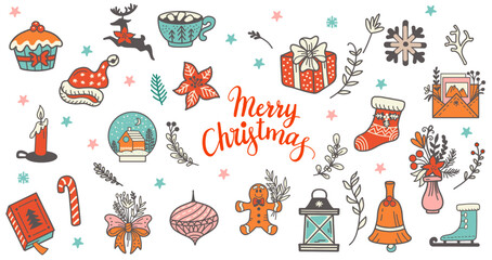 Christmas elements in doodle style vector set