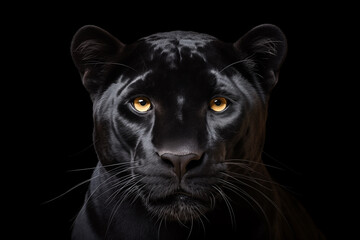 Close-up portrait of black pantera isolated on black background. AI generated content.