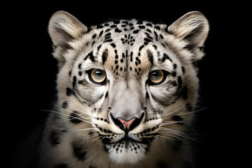 Close-up portrait of snow leopard isolated on black background. AI generated content.