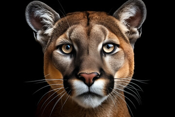Close-up portrait of puma isolated on black background. AI generated content.