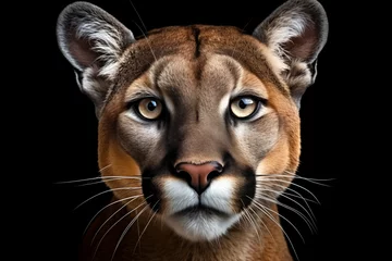 Fotobehang Close-up portrait of puma isolated on black background. AI generated content. © Andrii