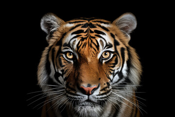 Close-up portrait of tiger isolated on black background. AI generated content.