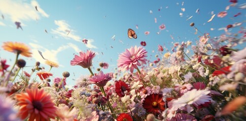 Fototapeta na wymiar romantic spring summer background, fresh flowers against blue sky. Generative AI