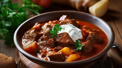 Hot Hungarian goulash soup with beef, potato, paprika and sour cream, generative ai - obrazy, fototapety, plakaty