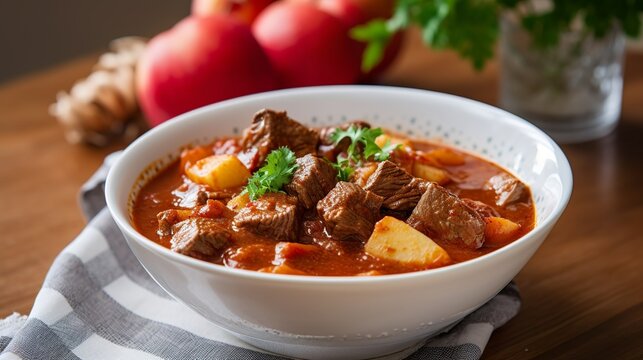 Hot Hungarian goulash soup with beef, potato, paprika and sour cream, generative ai