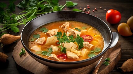 Hungarian chicken meat soup photo, generative ai