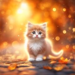 Cute little kitten on the autumn background. Fluffy kitten.