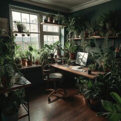 The interior of the workplace is surrounded by a lot of home plants. Eco-friendly. AI generating