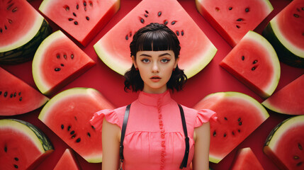 Obraz na płótnie Canvas Beautiful Asian girl on a red background of watermelons.