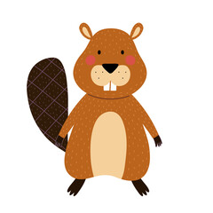 Cute beaver animal in cartoon style. Forest character for kids design. Woodland mammal isolated on white background. Vector illustration - obrazy, fototapety, plakaty
