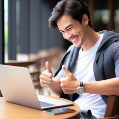 Happy motivated man receive good news on laptop.